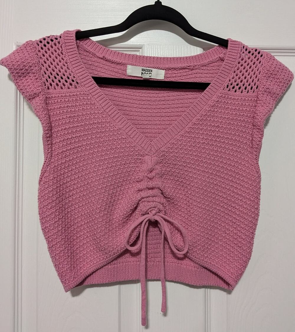 Madden NYC Y2K Style Pink Knit Crop Top Crochet Sleeve Tie Front Size Large